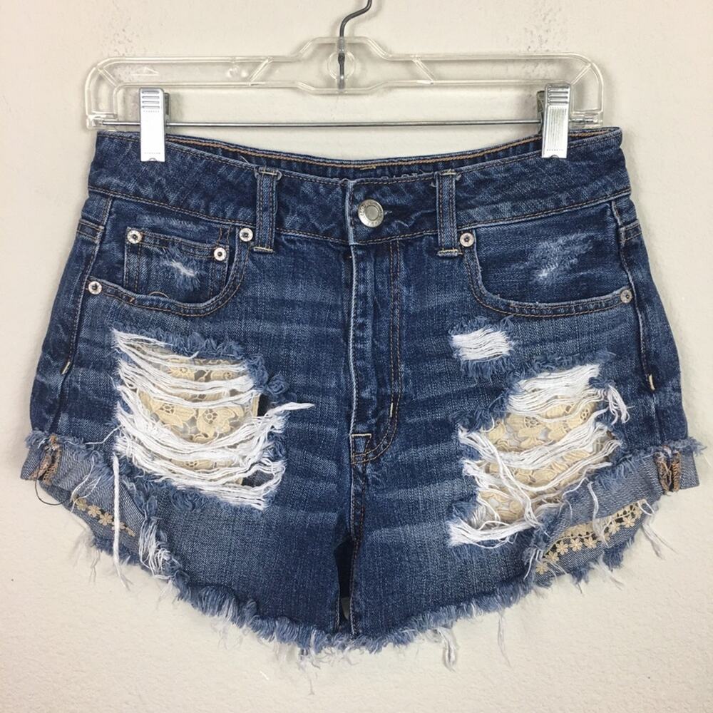 American Eagle Blue Distressed Lace Hi Rise Festival Shorts 8 - Picture 2 of 9